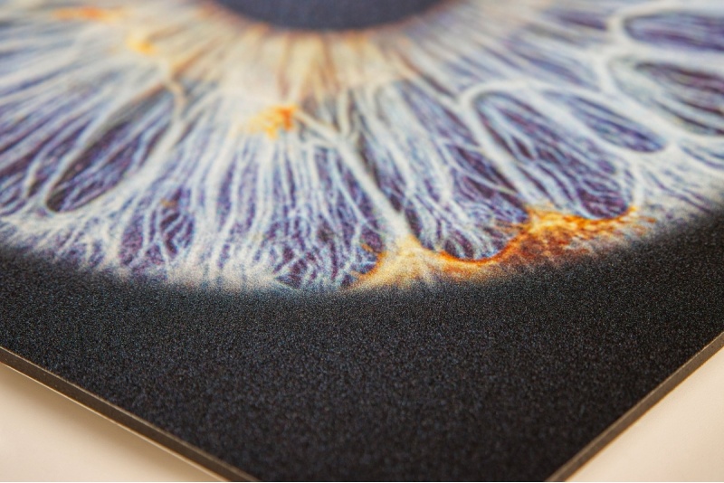 Картина глаз на алюминиевом изделии в фотостудии "True Eye" в Сигулде или в Риге